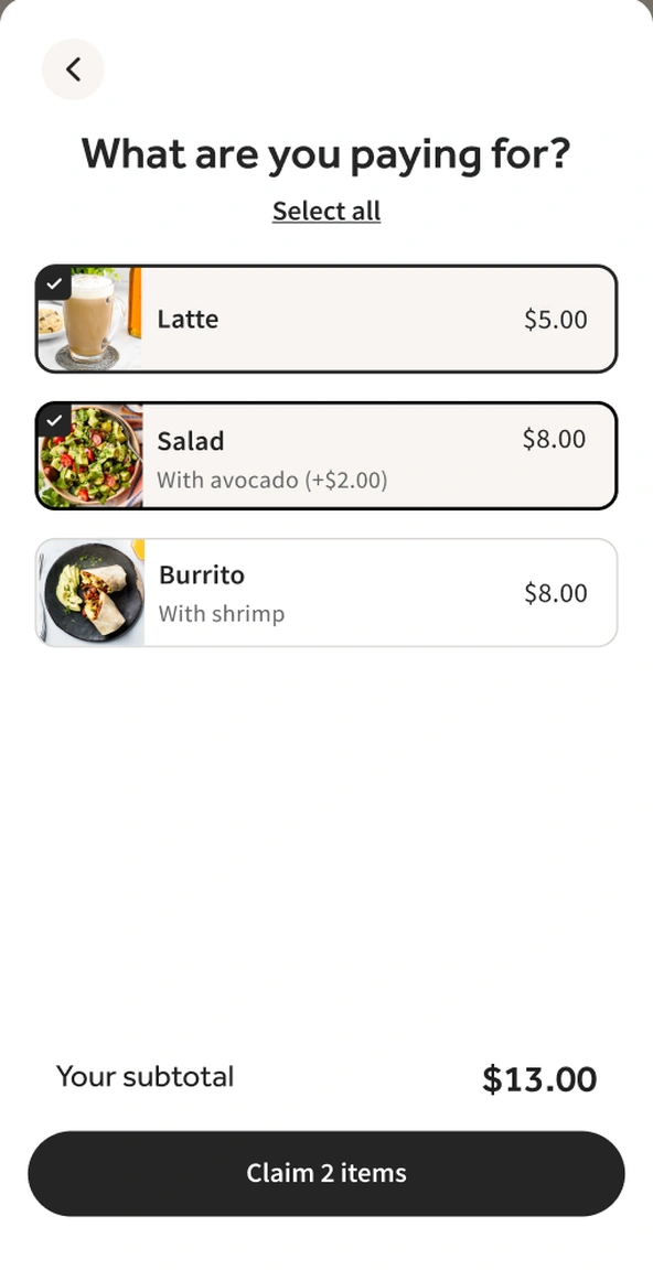 Choose the items you are paying for