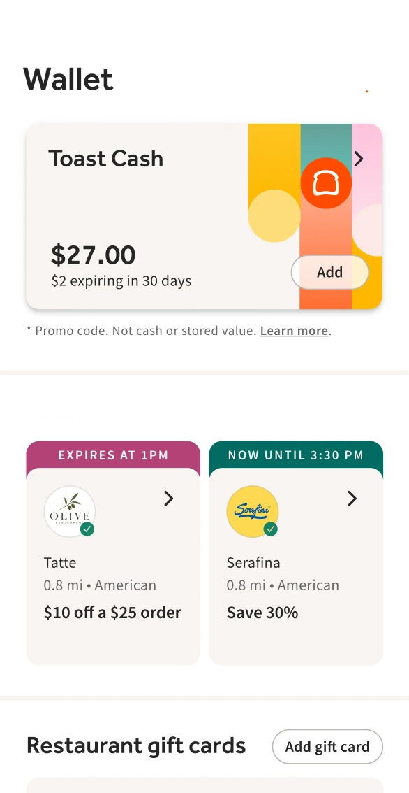 Toast Cash wallet and rewards