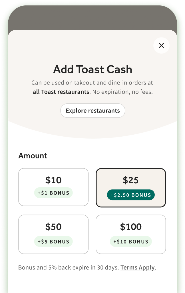 Add Toast Cash with bonus rewards